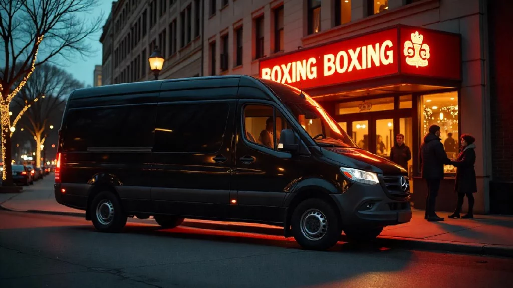 Black stretch limo and luxury sprinter van parked outside Toyota Center for a major boxing event in Houston – SG World Transportation service.