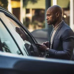 Chauffeur opening black car door in Houston city backdrop