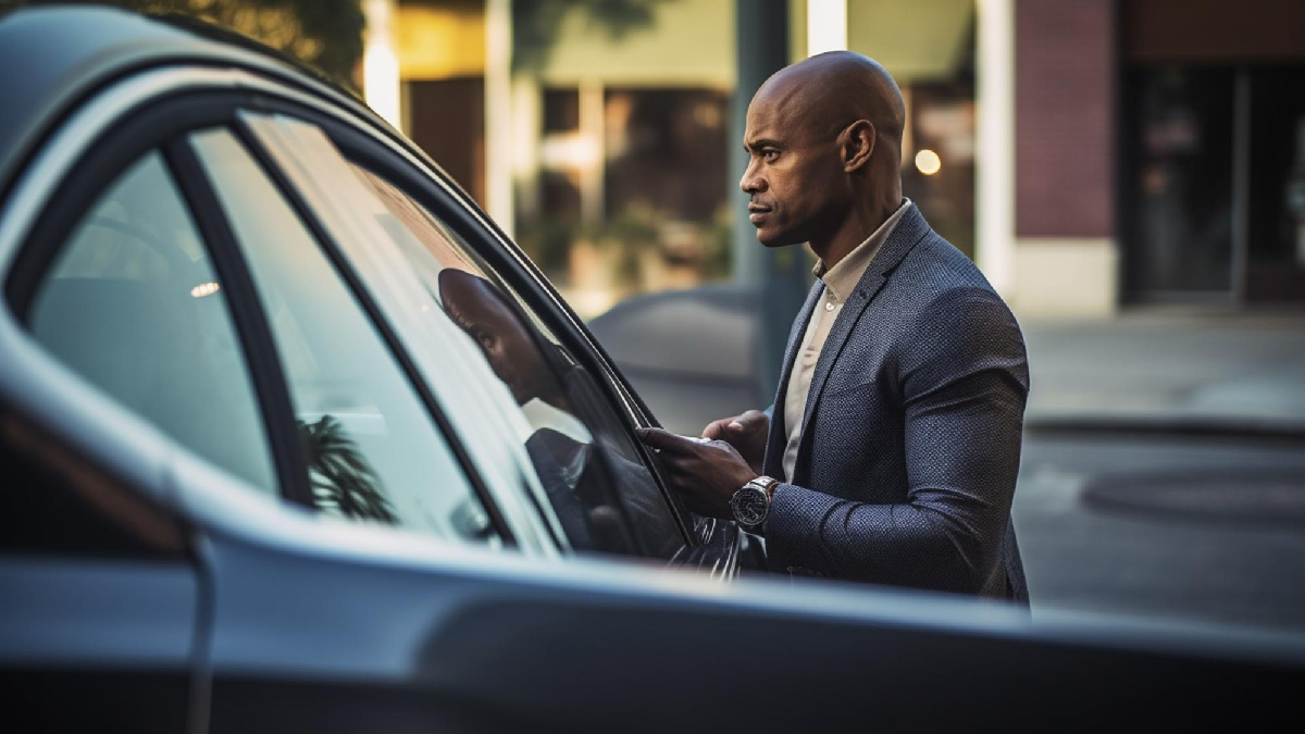 Chauffeur opening black car door in Houston city backdrop