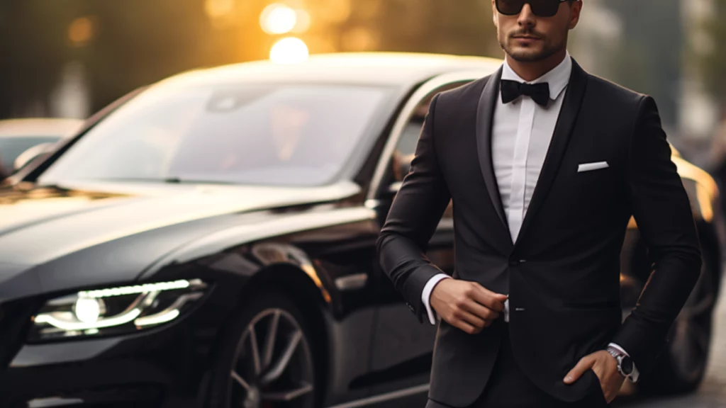 Luxury black car parked in front of a Houston business district high-rise