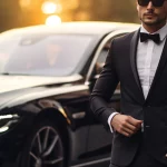 Luxury black car parked in front of a Houston business district high-rise