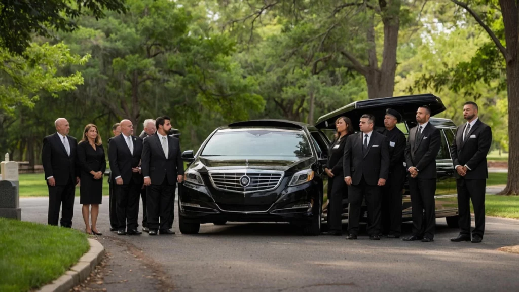 Black funeral limousine parked outside a Houston funeral home, ready for service