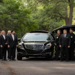 Black funeral limousine parked outside a Houston funeral home, ready for service